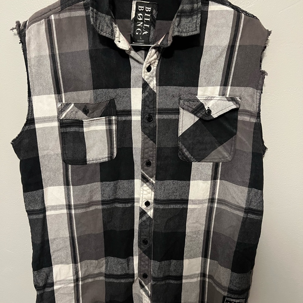 Billabong Plaid Sleeveless Button Down Men’s Large Black White Beach Casual